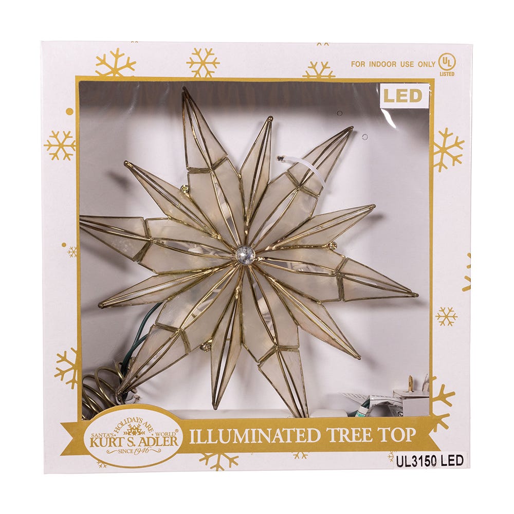 Kurt Adler 10.5-Inch 10-Light 12 Point Capiz Star with Center Gem Tree Topper